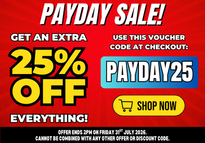 A promotional sale graphic with a red background and large text reading 'PAYDAY SALE!' and '25% OFF EVERYTHING!'. It includes a blue box labeled 'PAYDAY25', a yellow 'SHOP NOW' button, and smaller text explaining the voucher code at checkout and offer end date.