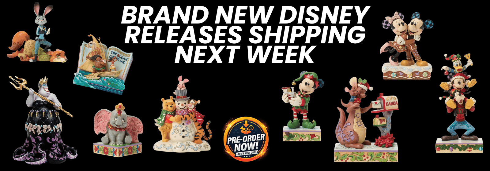 Promotional banner for Disney product releases with various characters and text.