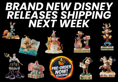Promotional image for Disney figurines with pre-order now button and text about new releases.