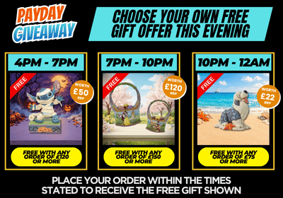 Promotional giveaway banner with three time slots and product images: 4PM-7PM,  7PM-10PM , and 10PM-12AM. Text reads 'PAYDAY GIVEAWAY' and 'CHOOSE YOUR OWN FREE GIFT OFFER THIS EVENING