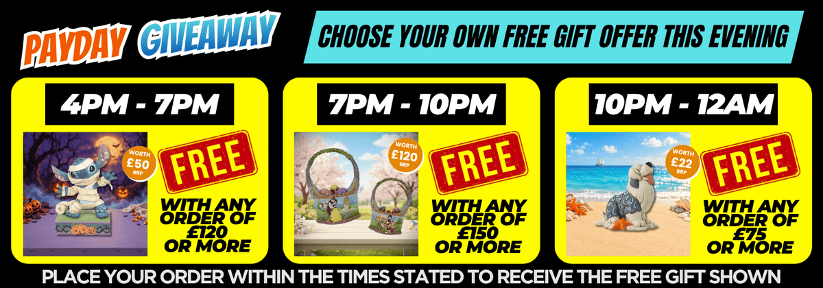 Promotional giveaway banner with three time slots and product images: 4PM-7PM,  7PM-10PM , and 10PM-12AM. Text reads 'PAYDAY GIVEAWAY' and 'CHOOSE YOUR OWN FREE GIFT OFFER THIS EVENING