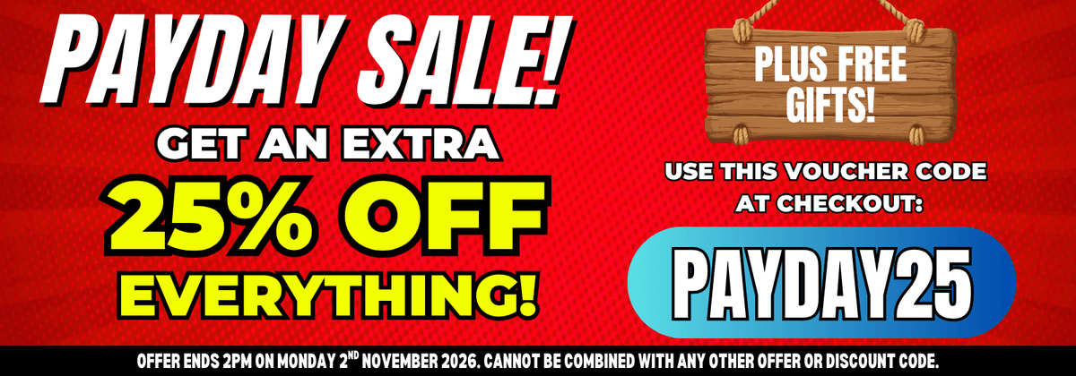 Promotional sale banner with a red textured background, large white and yellow text reading 'PAYDAY SALE! GET AN EXTRA 25% OFF EVERYTHING!', a wooden sign that says 'PLUS FREE GIFTS!', a blue rounded PAYDAY25 voucher code box, and small black text at the bottom with offer details.