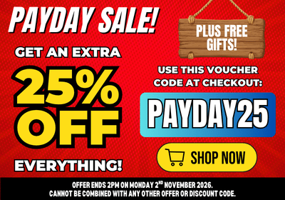 Promotional sale graphic with a red textured background, large text reading 'PAYDAY SALE!' and 'GET AN EXTRA 25% OFF EVERYTHING!', a wooden sign that says 'PLUS FREE GIFT!', a PAYDAY25 voucher code box, a yellow 'SHOP NOW' button, and fine print at the bottom.