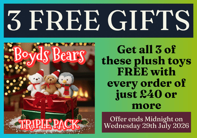 Promotional graphic for a Boys' Bears plush toy triple pack, advertising '3 FREE GIFTS' with an offer to get all 3 plush toys for £40 or more. The left panel shows three teddy bears (a white bear, a brown bear, and a penguin) wearing Santa hats and sitting on a red gift box.
