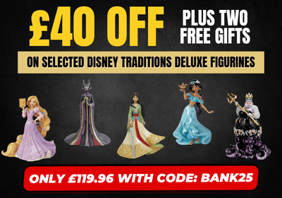 Promotional graphic for a Disney Traditions Deluxe Figurines sale, featuring five character figurines against a dark background with large yellow text reading '£40 OFF' and white text reading 'PLUS TWO FREE GIFTS'.