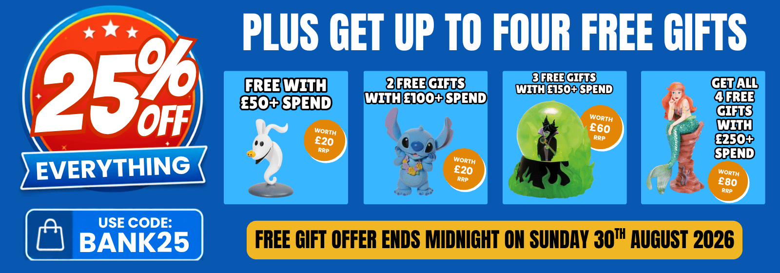 Promotional banner advertising a 25% off discount with up to four free gifts. The graphic features a large red and white '25% OFF' badge on the left, blue panels showcasing cartoon characters and offers, and a yellow banner at the bottom with a bank code discount.