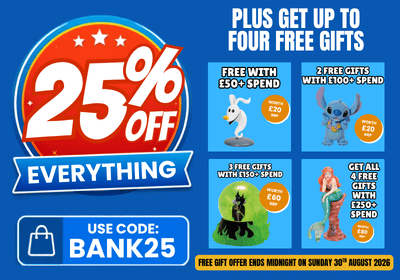 Promotional coupon graphic for a retail offer, featuring a large red and white '25% OFF' badge, blue background, text reading 'PLUS GET UP TO FOUR FREE GIFTS,' a 'USE CODE: BANK25' box with a shopping bag icon, and four small gift offer panels showing cartoon and real-life characters.