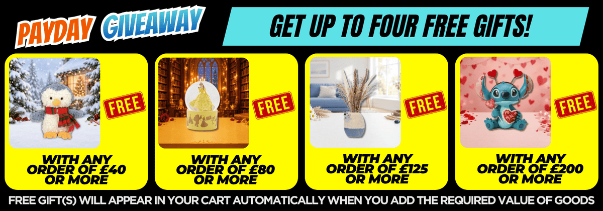 A promotional giveaway banner with four yellow panels showing different free gift options. Text reads 'PAYDAY GIVEAWAY' and 'GET UP TO FOUR FREE GIFTS!' with phrases like 'WITH ANY ORDER OF £40 OR MORE' and 'FREE GIFT(S) WILL APPEAR IN YOUR CART AUTOMATICALLY'.
