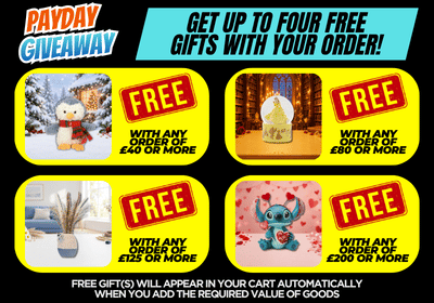 A promotional giveaway banner with four yellow panels showing different free gift options. Text reads 'PAYDAY GIVEAWAY' and 'GET UP TO FOUR FREE GIFTS!' with phrases like 'WITH ANY ORDER OF £40 OR MORE' and 'FREE GIFT(S) WILL APPEAR IN YOUR CART AUTOMATICALLY'.