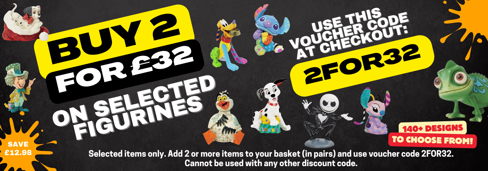 banner promoting a 2 for £32 offer on mini figurines on a black background