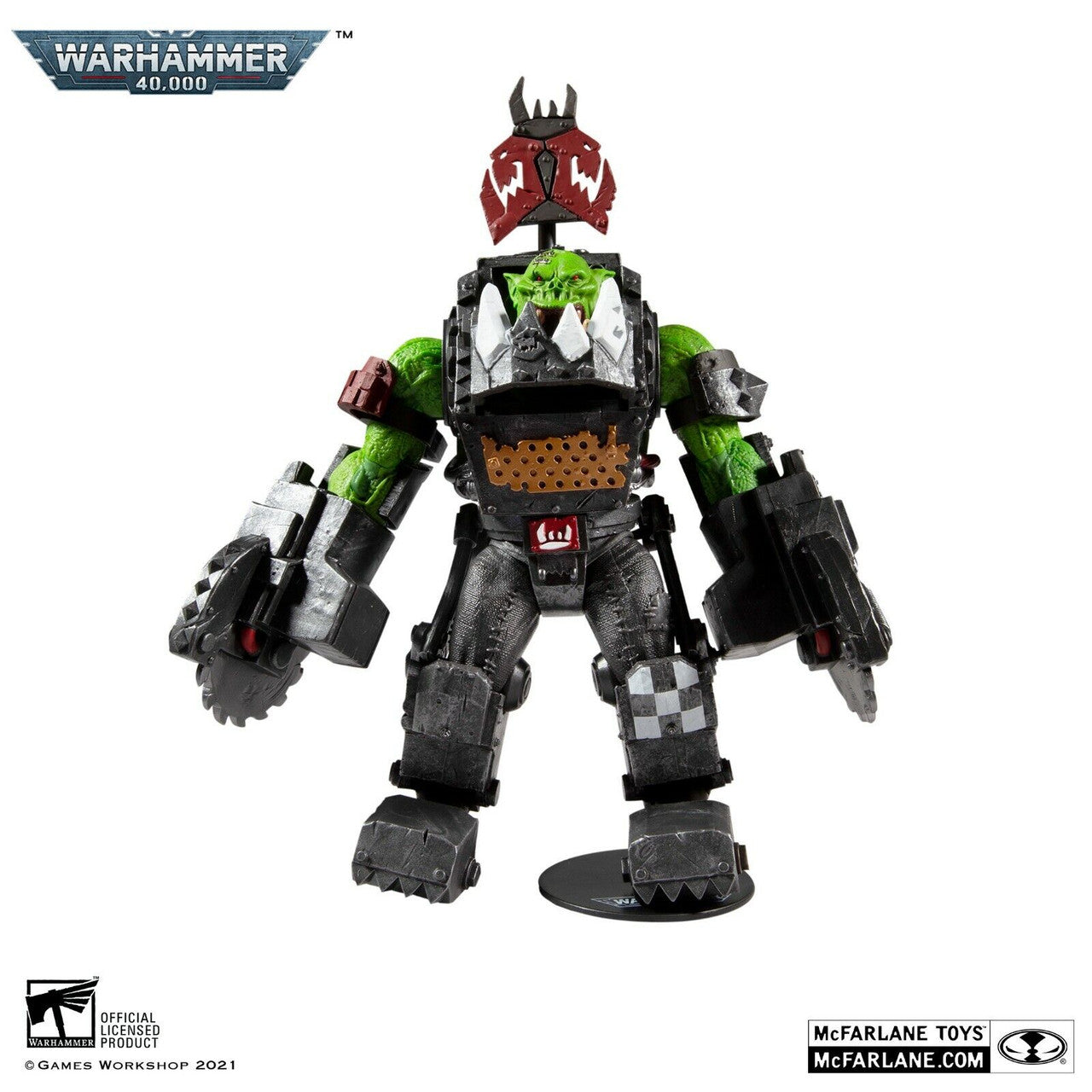 The McFarlane Toys Warhammer 40,000 Ork Meganob with Buzzsaw Megafig features a green-skinned armored figure with mechanical arms, a spiked helmet, and metal plates, standing on a display base.