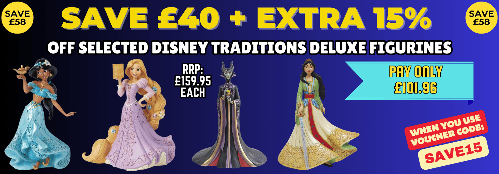 Promotional banner for Disney traditions deluxe figurines with discounts on a blue background