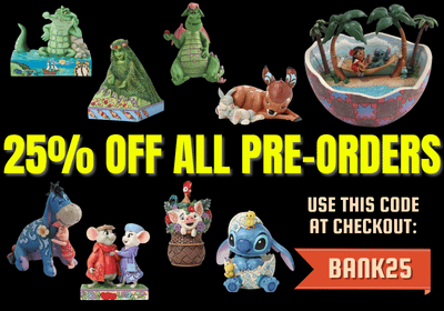 A promotional graphic showing multiple small figurines and a miniature landscape pot against a black background, with large yellow text reading '25% OFF ALL PRE-ORDERS' and a red-orange code box that says 'USE THIS CODE AT CHECKOUT: BANK25'.
