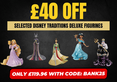Promotional banner for Disney Traditions Deluxe Figurines featuring a large yellow '£40 OFF' headline, text about two free gifts, and several figurines including Rapunzel, Maleficent, Jasmine, and the King of Thorns on a dark and purple background.
