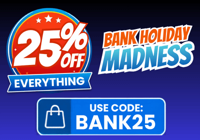 Promotional graphic for a bank holiday sale with large text reading '25% OFF EVERYTHING' and 'BANK HOLIDAY MADNESS' on a dark blue background, plus a blue coupon box that says 'USE CODE: BANK25'.