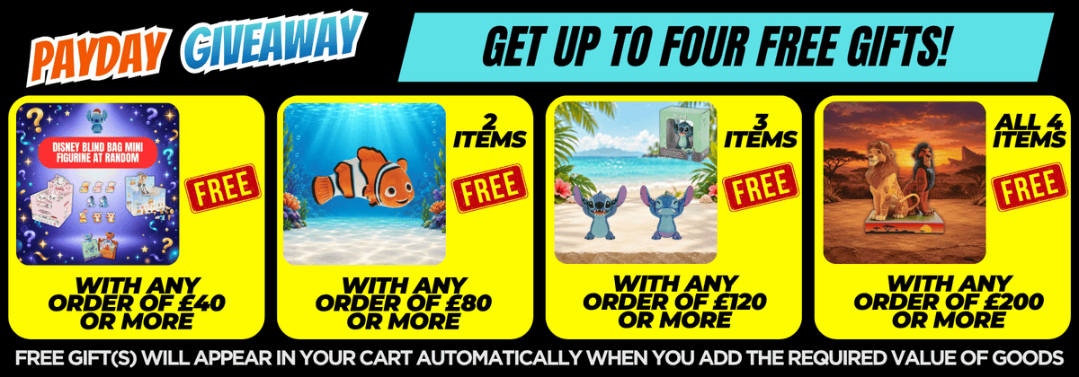 A promotional giveaway banner with four yellow panels showing different free gift options. Text reads 'PAYDAY GIVEAWAY' and 'GET UP TO FOUR FREE GIFTS!' with phrases like 'WITH ANY ORDER OF £40 OR MORE' and 'FREE GIFT(S) WILL APPEAR IN YOUR CART AUTOMATICALLY'.