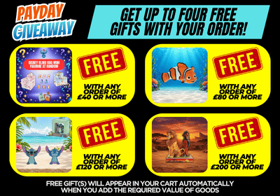 A promotional giveaway banner with four yellow panels showing different free gift options. Text reads 'PAYDAY GIVEAWAY' and 'GET UP TO FOUR FREE GIFTS!' with phrases like 'WITH ANY ORDER OF £40 OR MORE' and 'FREE GIFT(S) WILL APPEAR IN YOUR CART AUTOMATICALLY'.