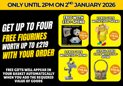 Promotional poster for free figurines with order, valid until 2pm on 2nd January 2026.