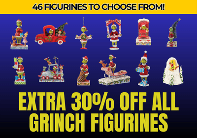 Collection of Grinch figurines with promotional text on a blue background