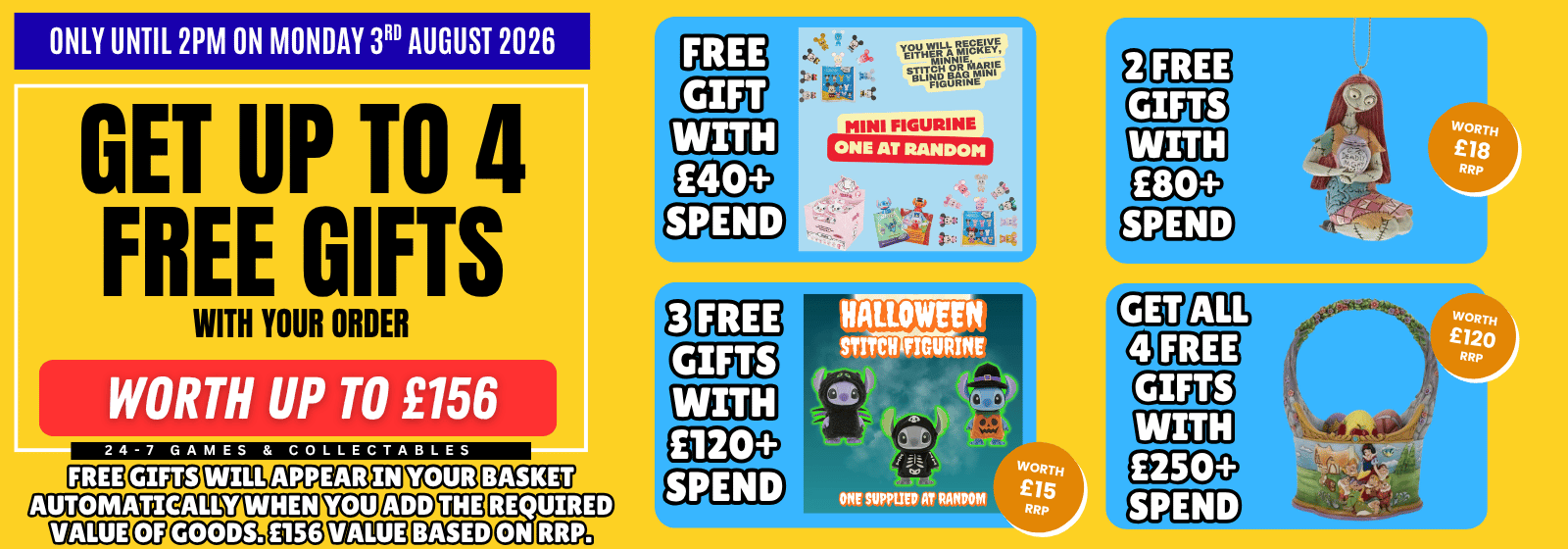 Promotional banner for a toy store offering up to 4 free gifts with orders over a certain threshold. The layout features a bright yellow and blue background with text and four sample gift images including a mini figurine, a doll, a Halloween sticker pack, and a small basket.