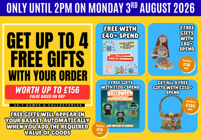 Promotional graphic for a shopping app or website offering free gifts. The design features a bright yellow and blue layout with text reading 'ONLY UNTIL 2PM ON MONDAY 3RD AUGUST 2026' and 'GET UP TO 4 FREE GIFTS WITH YOUR ORDER'.