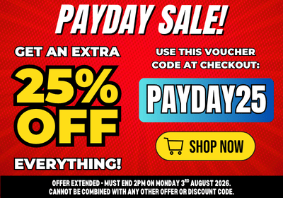 A promotional sale banner with a red background and bold text reading 'PAYDAY SALE!' and 'GET AN EXTRA 25% OFF EVERYTHING!'. It includes a blue rounded rectangle labeled 'PAYDAY25' and smaller text explaining how to use the voucher code at checkout.