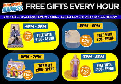 Promotional banner for Bank Holiday Madness featuring four yellow time slots with different gift offers. The top text reads 'FREE GIFTS EVERY HOUR' and the Bank Holiday Madness logo is in the top left corner.