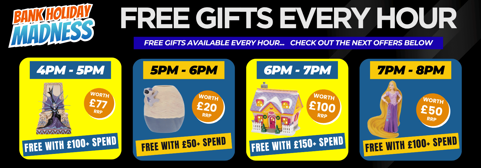 Promotional banner for Bank Holiday Madness featuring four yellow time slots with different gift offers. The top text reads 'FREE GIFTS EVERY HOUR' and the Bank Holiday Madness logo is in the top left corner.