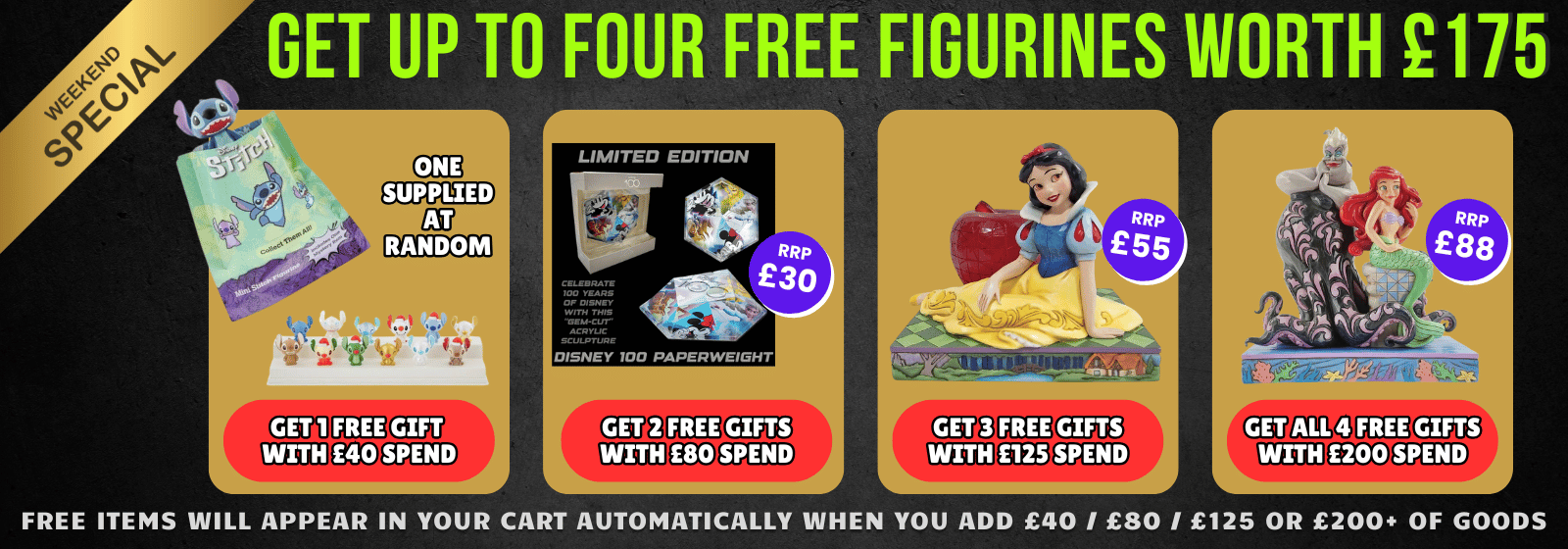 Promotional banner for free figurines with product purchases, featuring Disney characters.