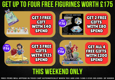 Promotional graphic for free figurines with spending thresholds, featuring cartoon characters and text.