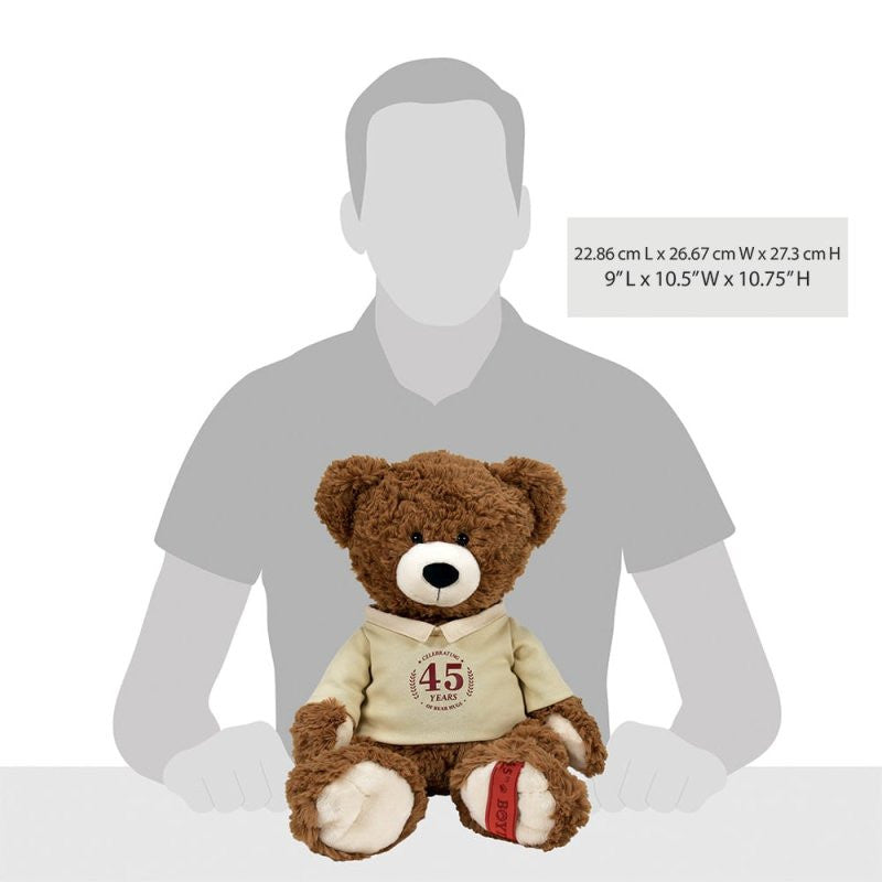 The Chubs Beanster Bear 12 Inch Plush Soft Toy by Boyds Bears features a fluffy brown design and a cream sweater with 45 Years on it, pictured in front of a gray silhouette with dimensions listed on the right.