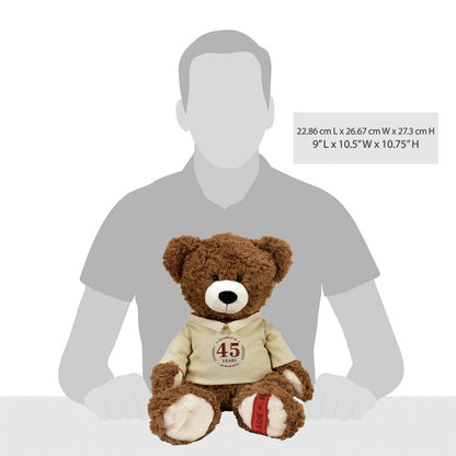 The Chubs Beanster Bear 12 Inch Plush Soft Toy by Boyds Bears features a fluffy brown design and a cream sweater with 45 Years on it, pictured in front of a gray silhouette with dimensions listed on the right.