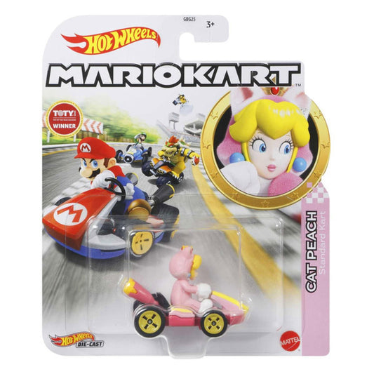 Hot Wheels Mario Kart Cat Peach Standard Kart die-cast features Cat Peach in a pink kart, with racing characters on the packaging and her close-up on the top right. Suitable for ages 3+. From Hot Wheels.