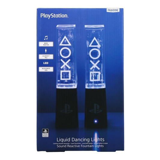 The PlayStation Liquid Dancing Lights by Paladone features two clear rectangular speakers with PlayStation icons, emitting blue and white sound-reactive fountain lights. Officially licensed and packaged to showcase their dynamic lighting effects.