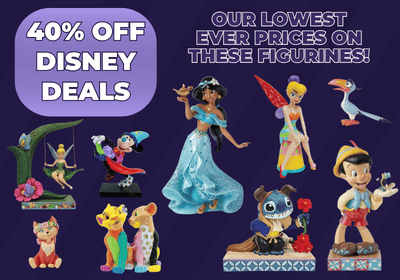 Promotional banner for Disney figurines with a purple background, a large purple badge reading '40% OFF DISNEY DEALS,' and multiple Disney character figurines including Tinker Bell, Mickey Mouse, Cinderella, Jasmine, Aladdin, Stitch, and Pinocchio.