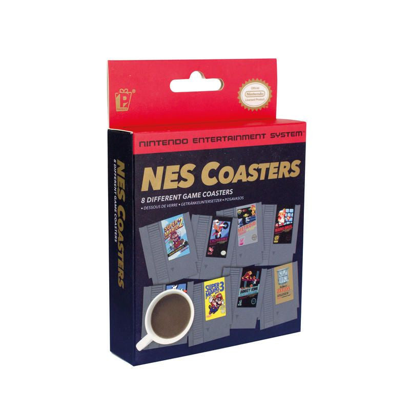The NES Cartridge Coasters Set of 8 by Paladone features classic NES game designs. Packaged in a retro-styled NES box by Paladone, the front displays small images of all eight coaster designs.