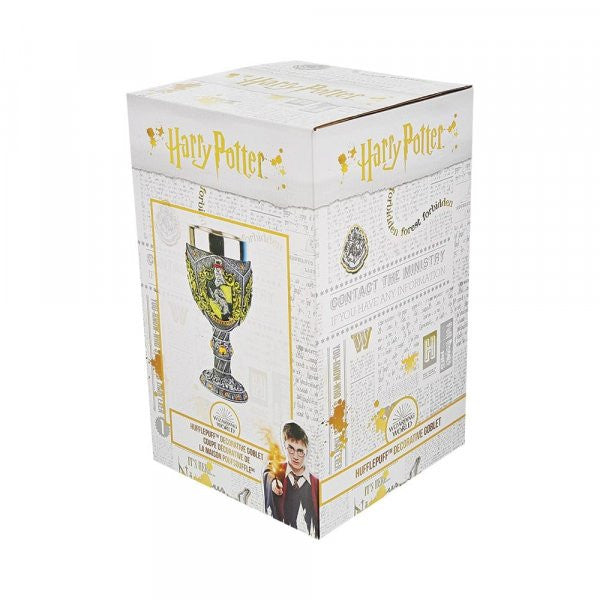 The Wizarding World of Harry Potter Hufflepuff Decorative Goblet features gold accents, newspaper-style writing, and Cedric Diggory’s image—ideal for any Helga Hufflepuff fan.