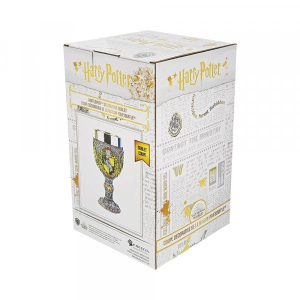 The Wizarding World of Harry Potter Hufflepuff Decorative Goblet comes in a rectangular box with Harry Potter-themed graphics and text, displaying an image of the Triwizard Tournament Cup in tribute to Cedric Diggory.