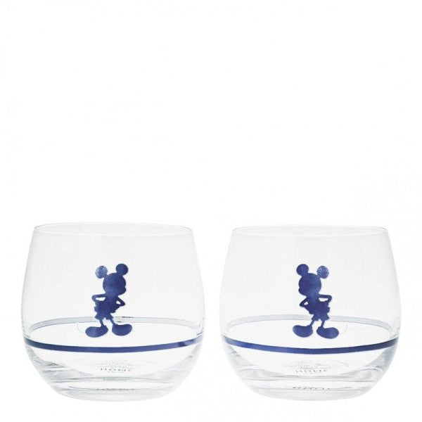 The Disney Home Mono Mickey & Minnie Tumblers (Set of 2) A30845 feature clear, round glasses with blue Mickey silhouettes and a thin blue line around the base.