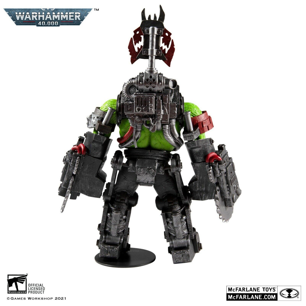 The Warhammer 40,000 Ork Meganob with Buzzsaw by McFarlane Toys features green skin, bulky black armor with red and silver accents, large buzzsaw hands, and stands on a base. Official product and McFarlane Toys logos are displayed.