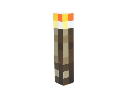 The Minecraft Torch Light By Paladone features a pixelated, rectangular design with a brown base, lighter brown middle, and yellow-orange flame top; it can be displayed on a table or mounted on the wall for versatile use.