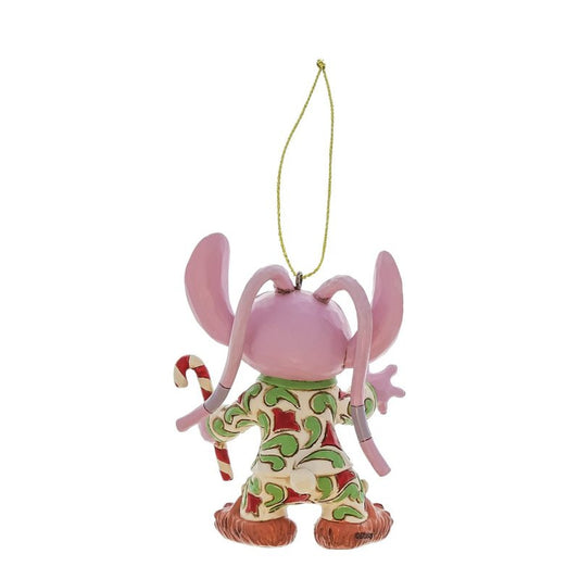 The Disney Traditions Angel In Christmas PJs Hanging Ornament by Jim Shore (6017544) features a whimsical figure in patterned green and cream pajamas, holding a candy cane and hanging from a gold string, shown from the back.