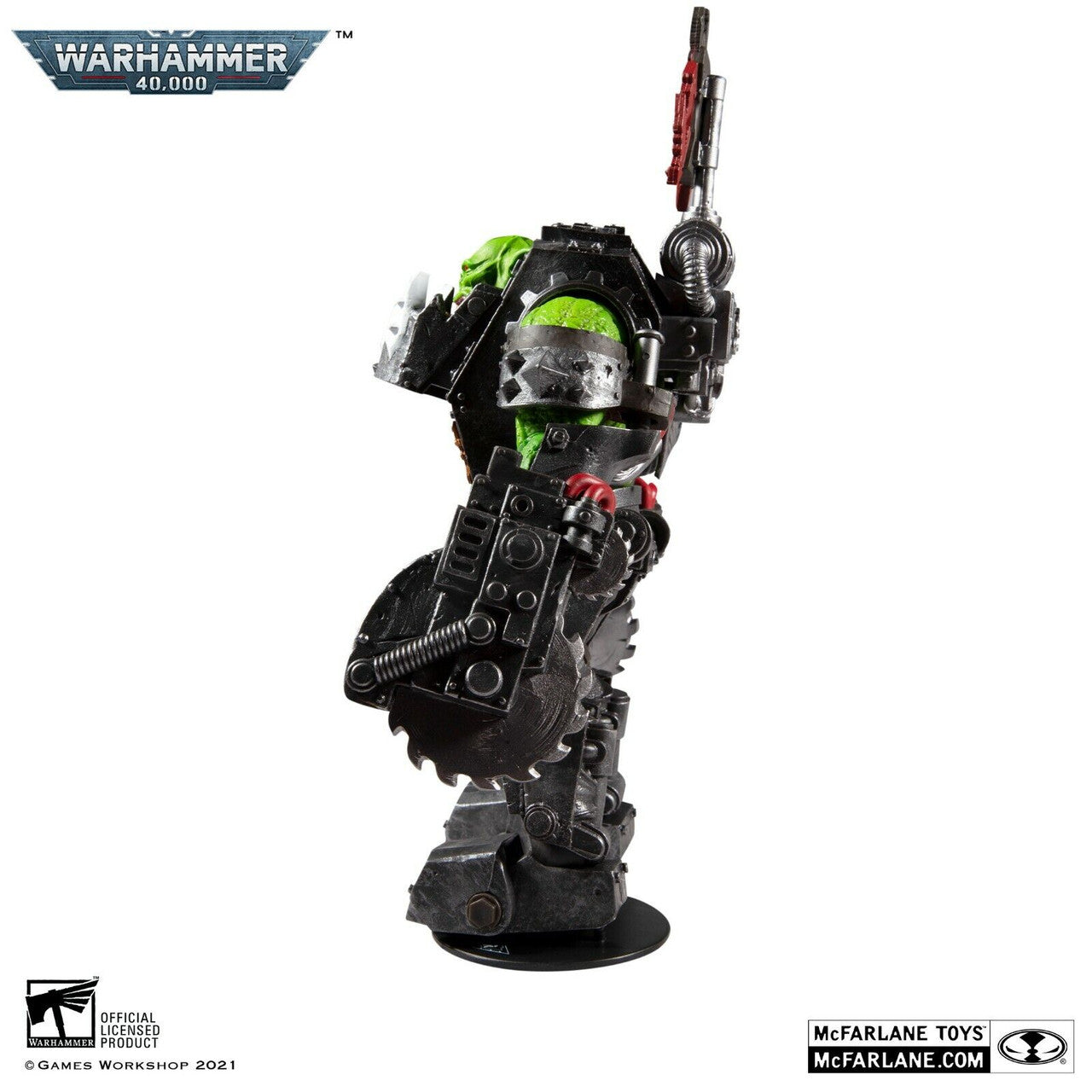 Side view of a Warhammer 40,000 Ork Meganob with Buzzsaw action figure by McFarlane Toys, featuring bulky armor, mechanical details, green skin, and a large weapon on a stand. McFarlane Toys and Warhammer logos are shown in the corners.