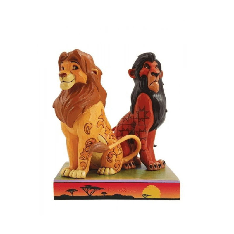 The Disney Traditions Simba And Scar Figurine by Jim Shore (6010093) features Simba and Scar sitting back to back on a vibrant base with an African savanna sunset, highlighting each lion’s distinct coloring.