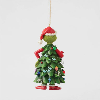 The Grinch By Jim Shore 6017078 is a festive hanging ornament featuring the Grinch dressed as a Christmas tree, complete with ornaments, lights, snowflakes, and a Santa hat—perfect for your holiday decor.