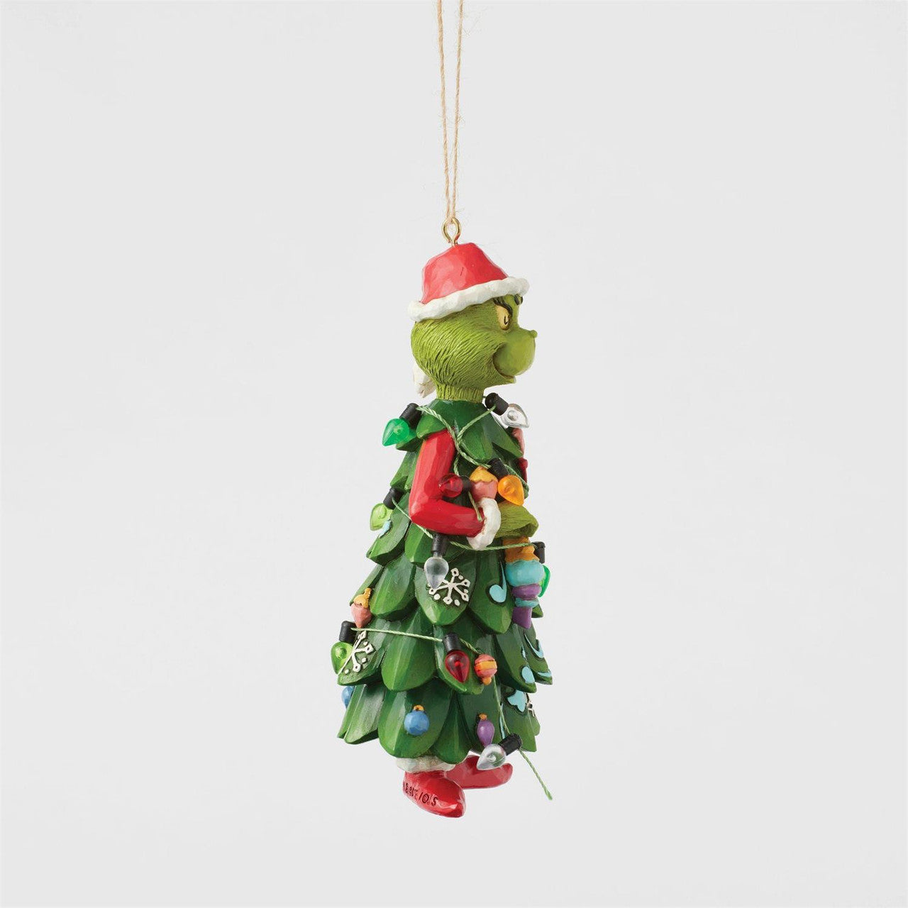 The Grinch By Jim Shore The Grinch As A Christmas Tree Hanging Ornament Figurine (6017078) features the Grinch in a Santa hat and costume, with his body as a decorated tree, hanging against a plain white background.
