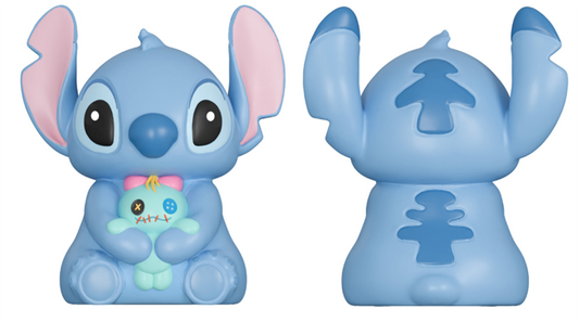 Front and back views of the Stitch with Scrump Light-Up Light by Grand Jester Studios show a cute blue alien with big ears, large black eyes, a blue nose, dark blue back marking, holding a small doll while sitting.