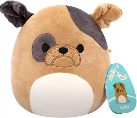 The Squishmallows 7.5 Loafer the Brown Bulldog is a plush toy with a cute bulldog design, featuring brown and cream colors, floppy ears, and a dark spot over one eye. The tag shows Loafer, part of the Squishmallows collection.