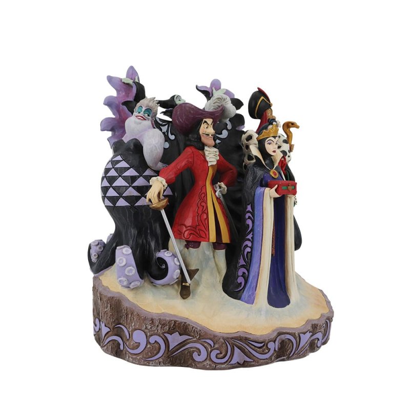 The Enesco Disney Traditions Villains Carved by Heart by Jim Shore 6010880 features Ursula, Captain Hook, the Evil Queen, and Jafar together on a detailed purple-accented base.