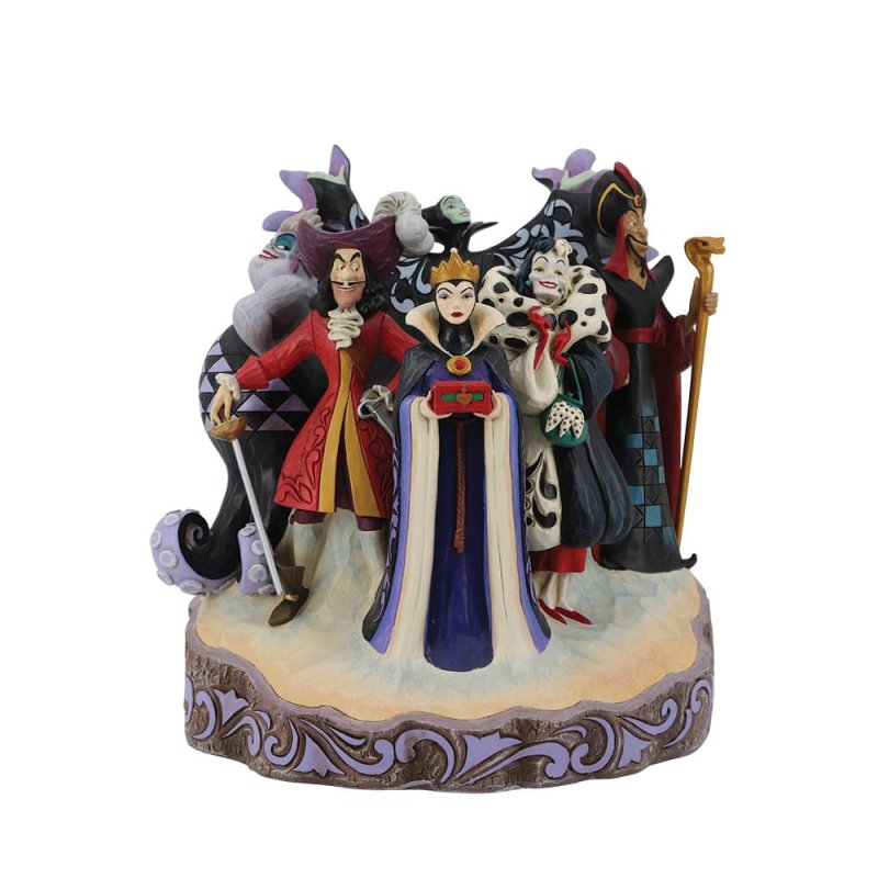 The Enesco Disney Traditions Villains Carved by Heart By Jim Shore 6010880 figurine features Captain Hook, Evil Queen, Cruella de Vil, Maleficent, Ursula, and Jafar together on a decorative base.